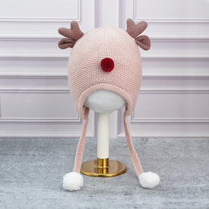 Peach Baby Antler Knitted soft Woolen Winter Cap with tie up, 6 - 18 months - 6 - 18 Months Winter Wear