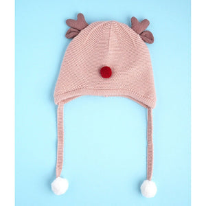 Peach Baby Antler Knitted soft Woolen Winter Cap with tie up, 6 - 18 months - 6 - 18 Months Winter Wear
