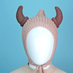 Peach Baby Horns Knitted soft Woolen Winter Cap with tie up, 6 - 18 months - 6 - 18 Months Winter Wear