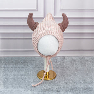 Peach Baby Horns Knitted soft Woolen Winter Cap with tie up, 6 - 18 months - 6 - 18 Months Winter Wear
