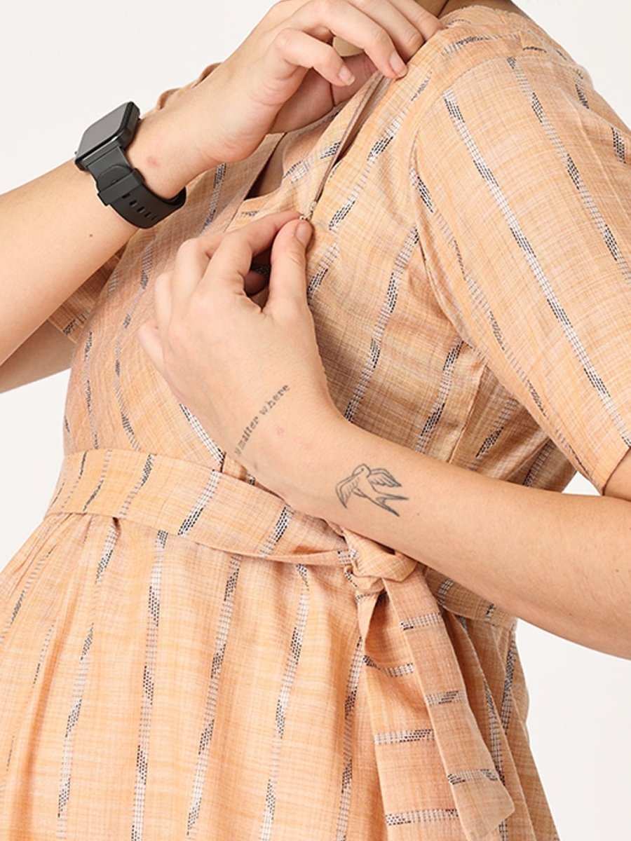 Peach Bud Shimmer Maternity Kurti Dress With Nursing - MEW-PHBDK-S