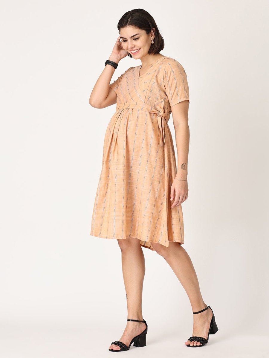 Peach Bud Shimmer Maternity Kurti Dress With Nursing - MEW-PHBDK-S
