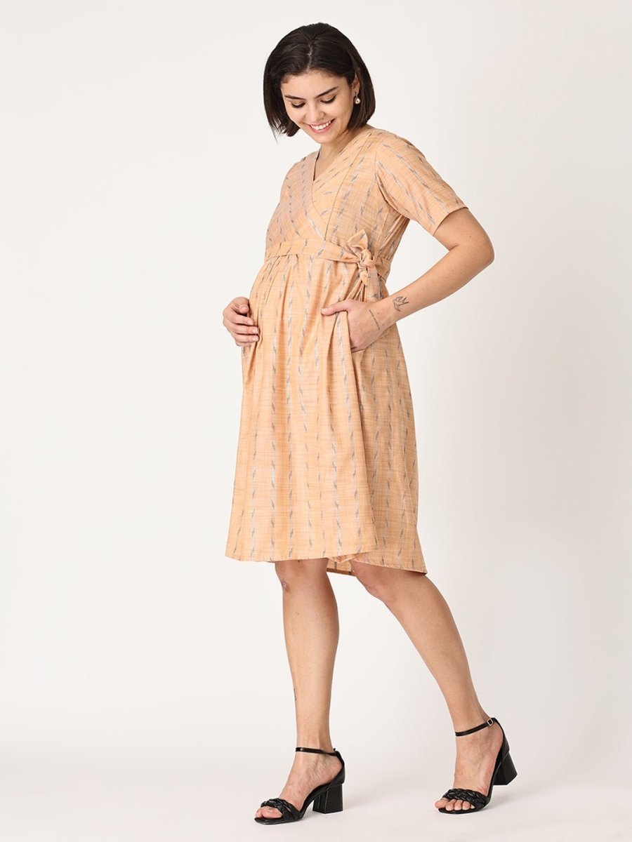 Peach Bud Shimmer Maternity Kurti Dress With Nursing - MEW-PHBDK-S
