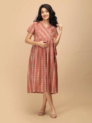 Peach Mirage Maternity and Nursing Dress ‚Äì model walking in maternity nursing dress with waist tie