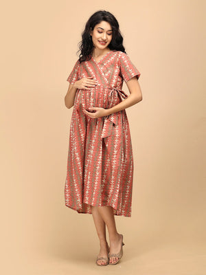 Peach Mirage Maternity and Nursing Dress ‚Äì front view of overlap neckline dress with short sleeves and midi length.
