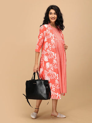 Front view of peach maternity and nursing dress with coordinated shacket, highlighting layered design and breathable fabric.