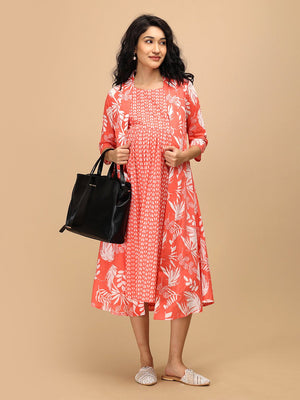 Front view of peach maternity and nursing dress with coordinated shacket, highlighting layered design and breathable fabric.