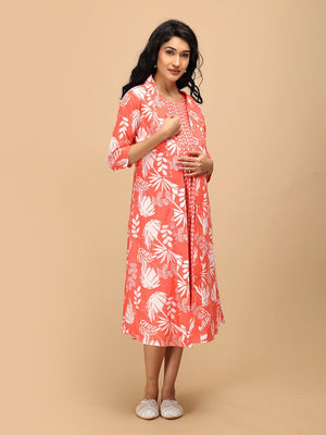 Peach maternity and nursing shacket dress with inner sleeveless dress, shown with a comfortable empire waist fit.