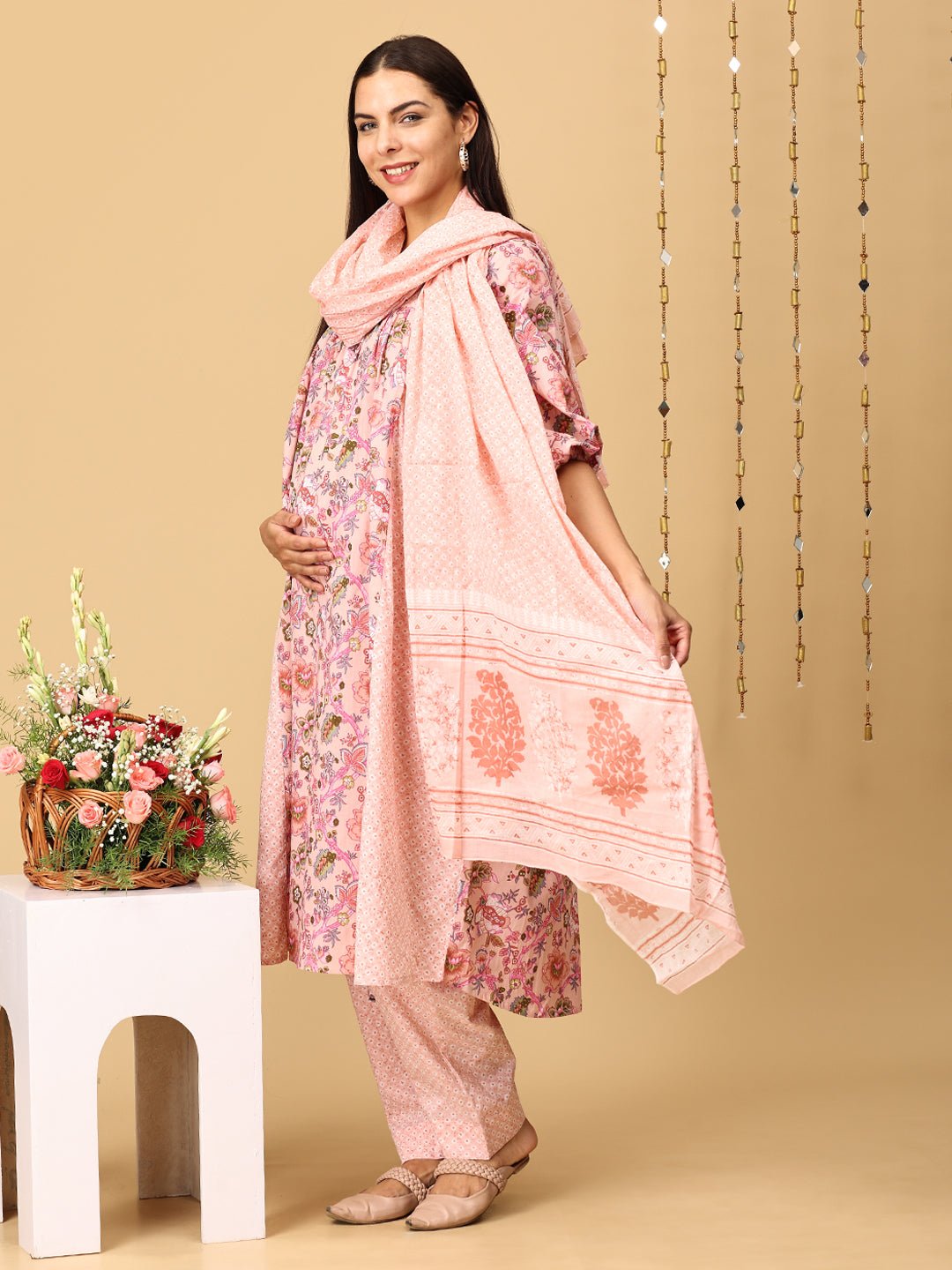 Peachy Affair Maternity and Nursing Kurta Set With Dupatta - MEW - SK - PHAF - S