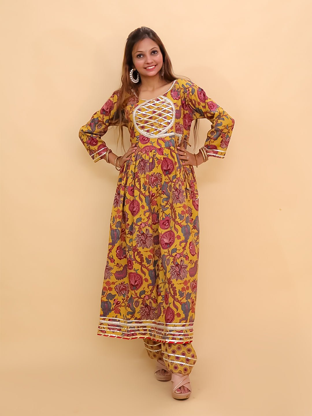 Peele Phool Block Print Anarkali Kurta Set - WES - SC - PELPL - S