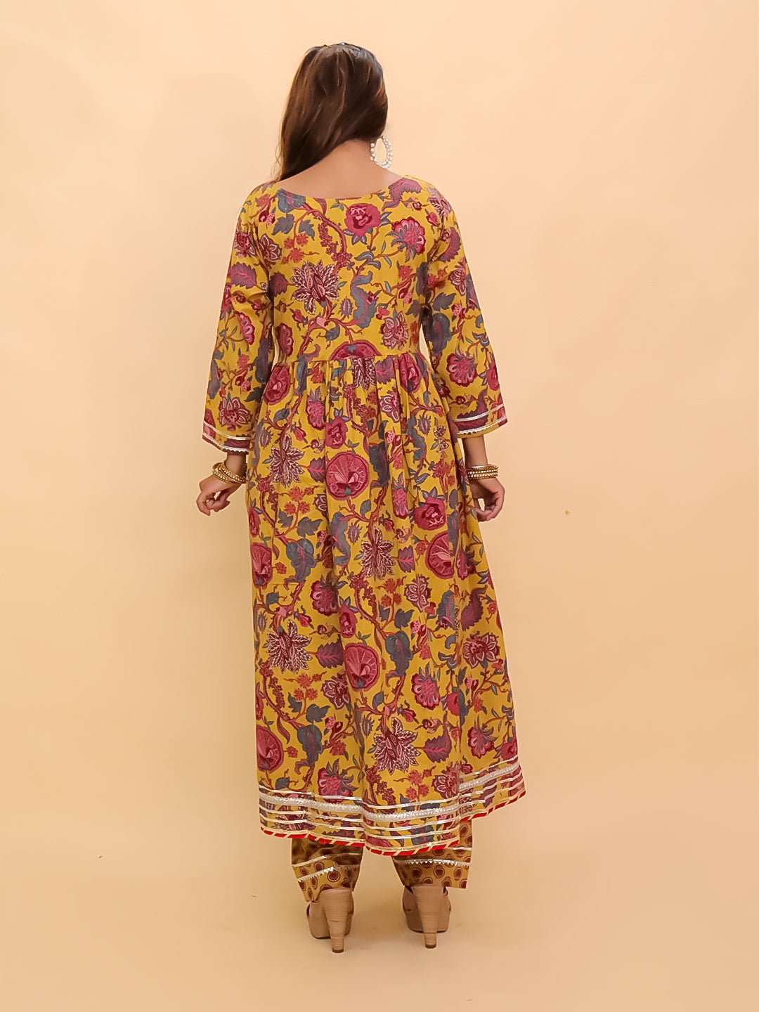 Peele Phool Block Print Anarkali Kurta Set - WES - SC - PELPL - S