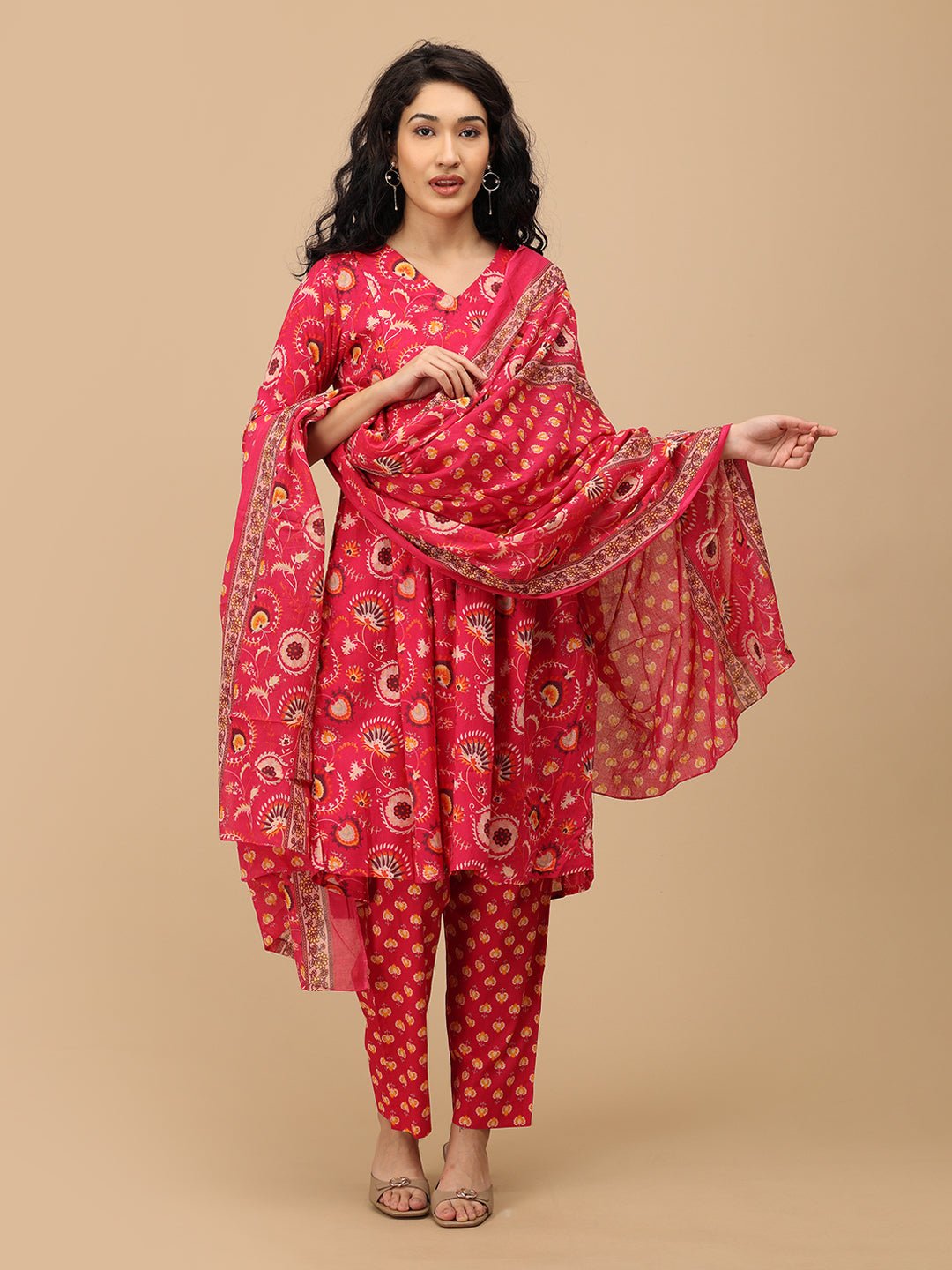 Model wearing the full Peony Dream maternity kurta set with printed pink dupatta draped in front, showcasing the coordinated ethnic print. 