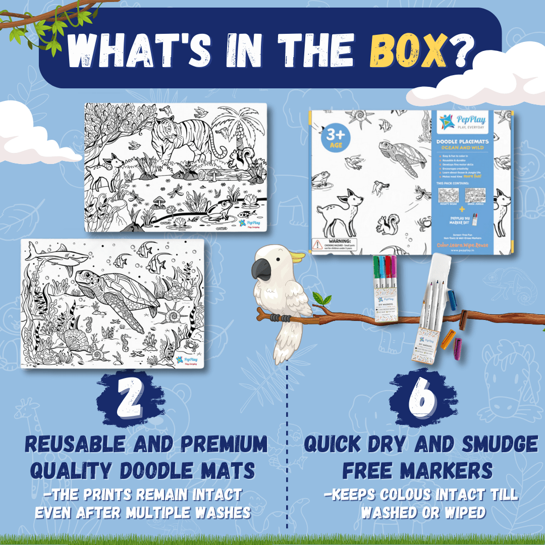 PepPlay Doodle Placemats Set - Animal Series (DIY Drawing Kit) - Coloring Set