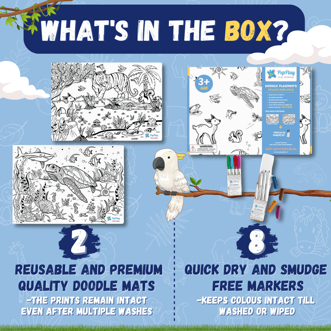 PepPlay Doodle Placemats Set - Animal Series (DIY Drawing Kit) - Coloring Set