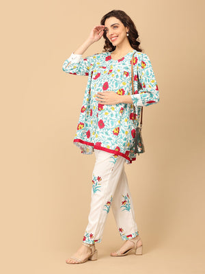 Model wearing Petal & Pulse Maternity and Nursing Co - ord Set made of 100% cotton from the mom store paireed with beige sandals and a sling bag
