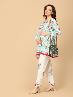 Model posing sideways with her hand on belly wearing Petal & Pulse Maternity and Nursing Co - ord Set made of 100% cotton from the mom store