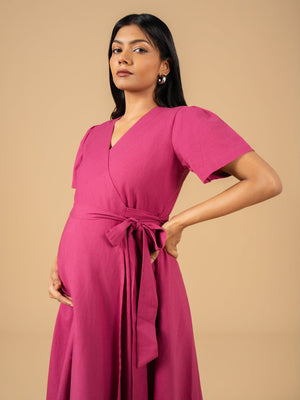 Petunia Pink Maternity Wrap Dress - S Maternity Casual Dress