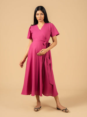 Petunia Pink Maternity Wrap Dress - S Maternity Casual Dress