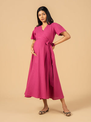 Petunia Pink Maternity Wrap Dress - S Maternity Casual Dress