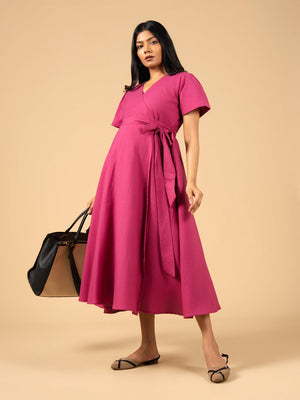 Petunia Pink Maternity Wrap Dress - S Maternity Casual Dress