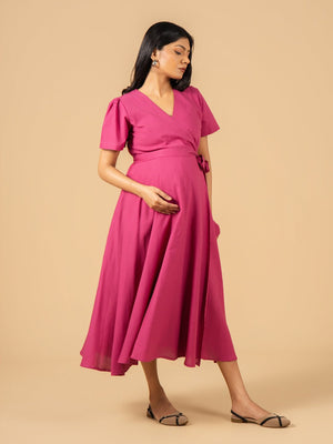Petunia Pink Maternity Wrap Dress - S Maternity Casual Dress