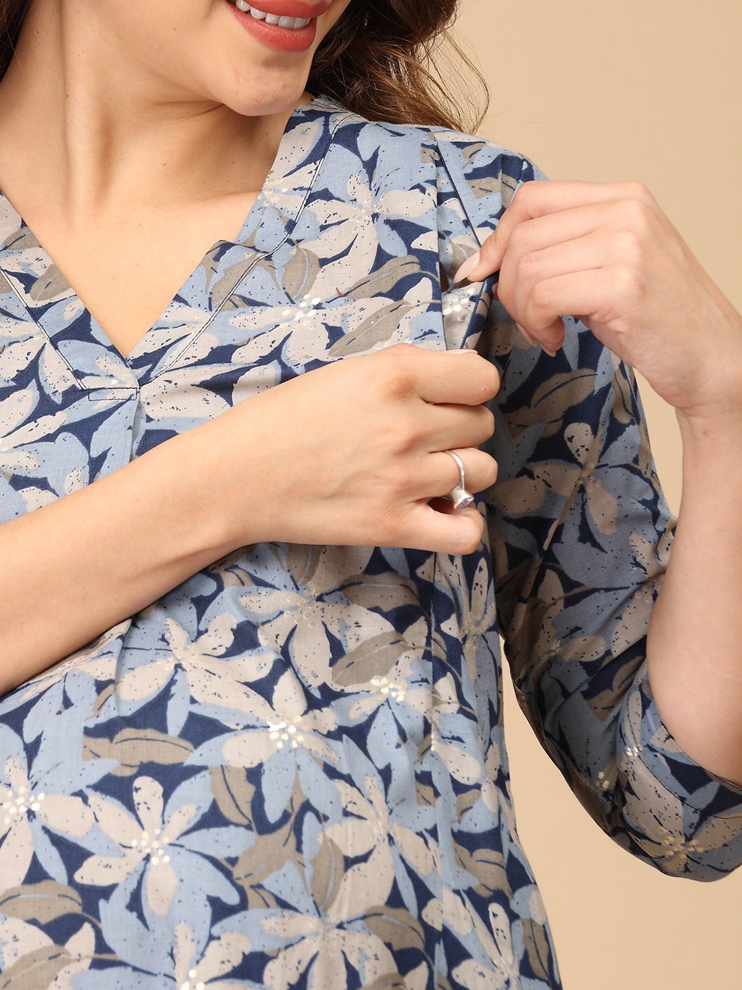 Phool On Navy Maternity and Nursing Kurta Set With Dupatta - MEW - SK - PHLNV - S