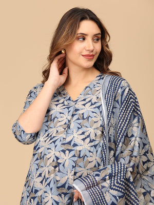 Phool On Navy Maternity and Nursing Kurta Set With Dupatta - MEW - SK - PHLNV - S