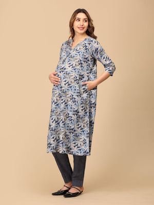 Phool On Navy Maternity and Nursing Kurta Set With Dupatta - MEW - SK - PHLNV - S