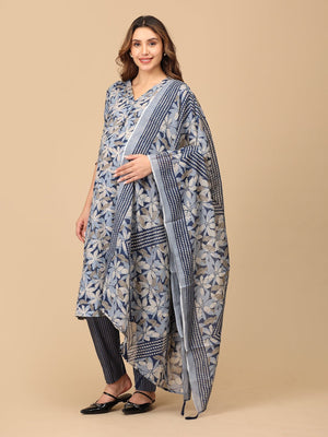 Phool On Navy Maternity and Nursing Kurta Set With Dupatta - MEW - SK - PHLNV - S