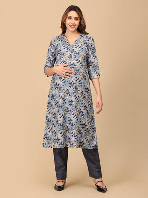 Phool On Navy Maternity and Nursing Kurta Set With Dupatta - MEW - SK - PHLNV - S