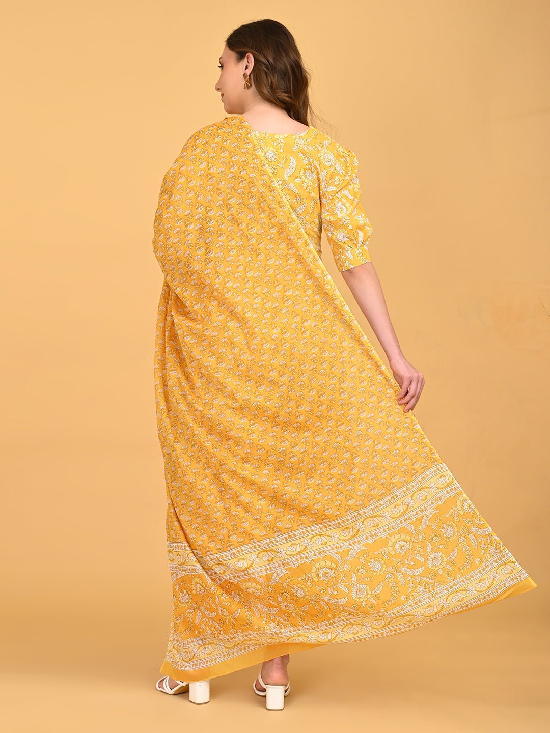 Back view of yellow maternity kurta set with matching printed dupatta featuring floral border.