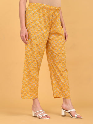Yellow printed maternity straight pants with elastic waistband for pregnancy comfort.