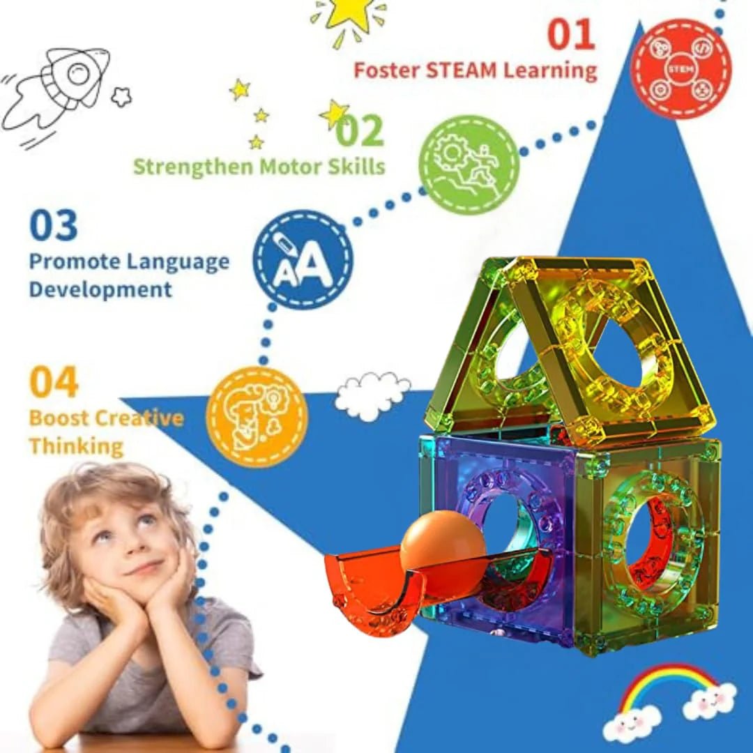 Pik A Boo Genius 75 Pc Magnetic Tiles Rolling Ball Set - 25 Magnetic Toys