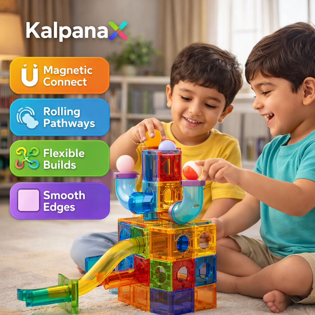 Pik A Boo Genius 75 Pc Magnetic Tiles Rolling Ball Set - 25 Magnetic Toys