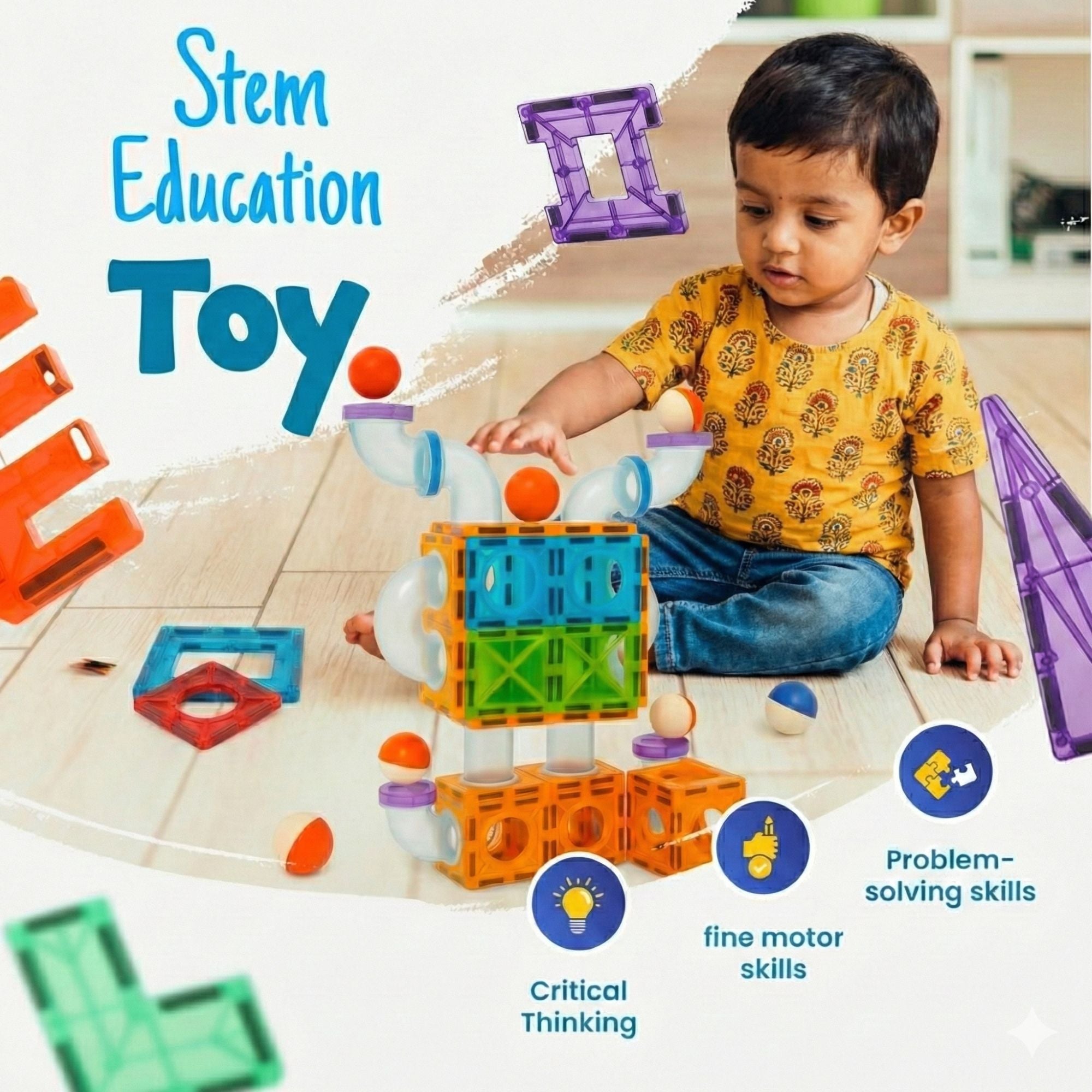 Pik A Boo Genius 75 Pc Magnetic Tiles Rolling Ball Set - 25 Magnetic Toys