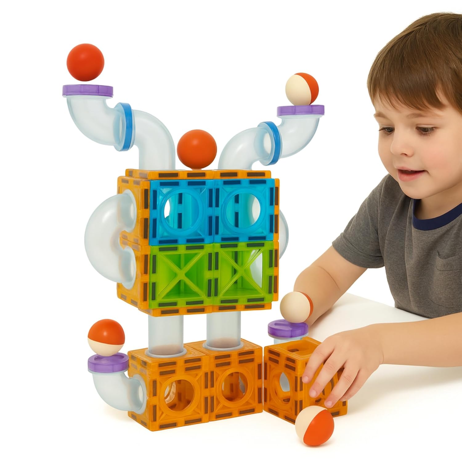 Pik A Boo Genius 75 Pc Magnetic Tiles Rolling Ball Set - 25 Magnetic Toys