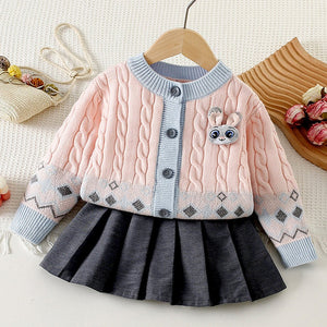 Pink - Blue Cardigan and Grey Pleated Skirt Winterwear 2Pcs set for Girls - 2 - 3 Years Kids Clothing