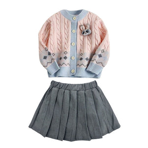 Pink - Blue Cardigan and Grey Pleated Skirt Winterwear 2Pcs set for Girls - 2 - 3 Years Kids Clothing