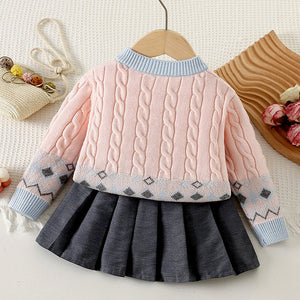 Pink - Blue Cardigan and Grey Pleated Skirt Winterwear 2Pcs set for Girls - 2 - 3 Years Kids Clothing