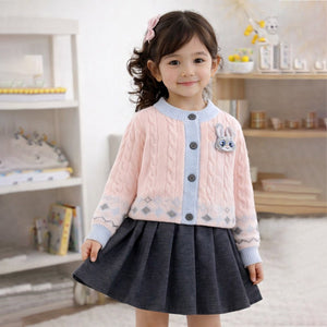 Pink - Blue Cardigan and Grey Pleated Skirt Winterwear 2Pcs set for Girls - 2 - 3 Years Kids Clothing