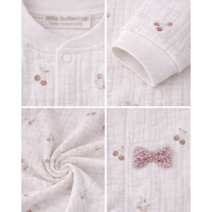 Pink Bow and Cherry, Full Sleeves Jumpsuit Hoodie Romper for Tiny Toddlers - 3 - 6 Months Winter Wear