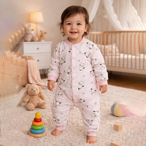 Pink bunny and Hearts Full Sleeves Jumpsuit Romper for Tiny Toddlers - 6 - 12 Months Kids Clothing