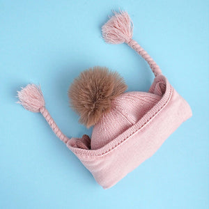 Pink Butterfly Knitted soft Woolen Winter Cap with tie up, 6 - 18 months - 6 - 18 Months Winter Wear