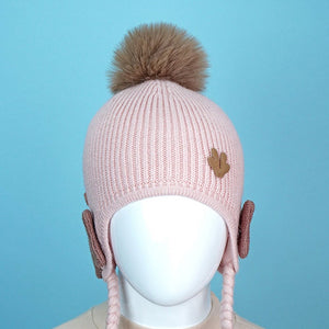 Pink Butterfly Knitted soft Woolen Winter Cap with tie up, 6 - 18 months - 6 - 18 Months Winter Wear