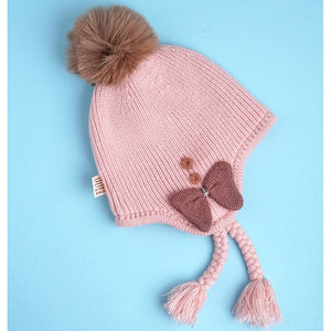 Pink Butterfly Knitted soft Woolen Winter Cap with tie up, 6 - 18 months - 6 - 18 Months Winter Wear
