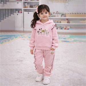Pink Crochet Floral Frill Fleece winter Tracksuit Set for Kids - 2 - 3 Years Kids Clothing