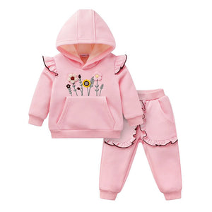 Pink Crochet Floral Frill Fleece winter Tracksuit Set for Kids - 2 - 3 Years Kids Clothing