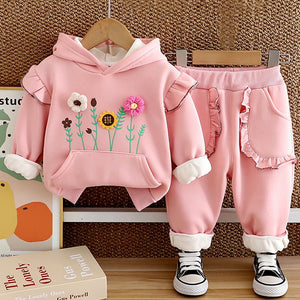 Pink Crochet Floral Frill Fleece winter Tracksuit Set for Kids - 2 - 3 Years Kids Clothing