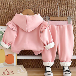 Pink Crochet Floral Frill Fleece winter Tracksuit Set for Kids - 2 - 3 Years Kids Clothing