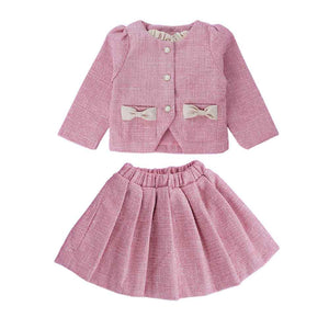 Pink Dual Bow Tweed style 2 pcs, Skirt and Top Winterwear set for Girls. - 3 - 4 Years Kids Clothing